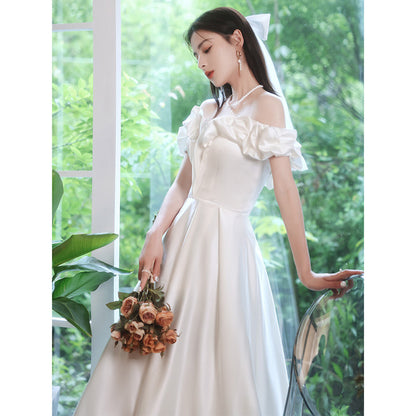 Off  Shoulder Satin White Wedding Dress A Line Prom Dress 97