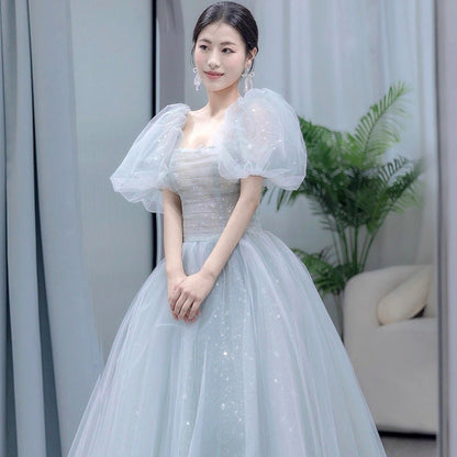 Princess Tulle Dress Blue Formal Party Dress Puff Sleeves Evening Dress 116
