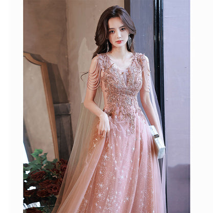 Pink Long Prom Dress Beading Formal Dress with Cap V Neck Evening Dress 76