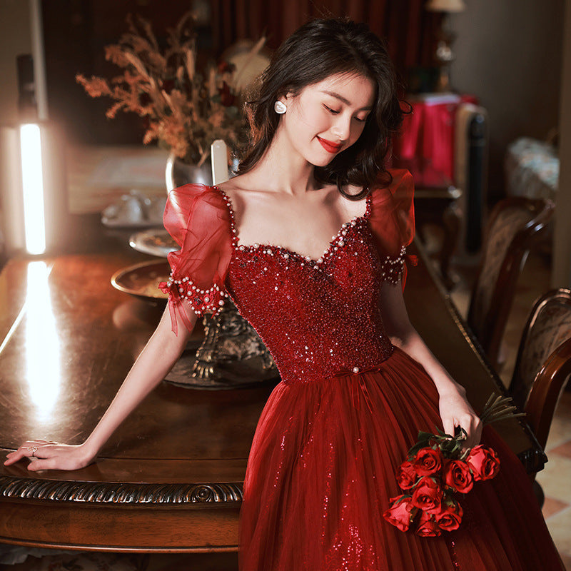 Red Short Sleeves Prom Dress Beaded Long Evening Gown Formal Dress 71