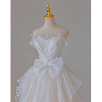 White French Strapless Wedding Gown Bow Tie Long Prom Dress 51