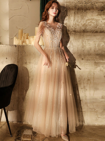 Light Pink Tassel Long Prom Dress A Line Formal Dress Evening Dress 124