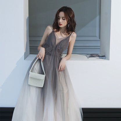 Gray Gradient Tulle Spaghetti Strap Prom Dress Backless Long Evening Dress 52