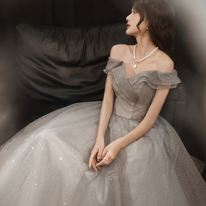 Off Shoulder Long Prom Dress Gray Sparkly Evening Dress 56