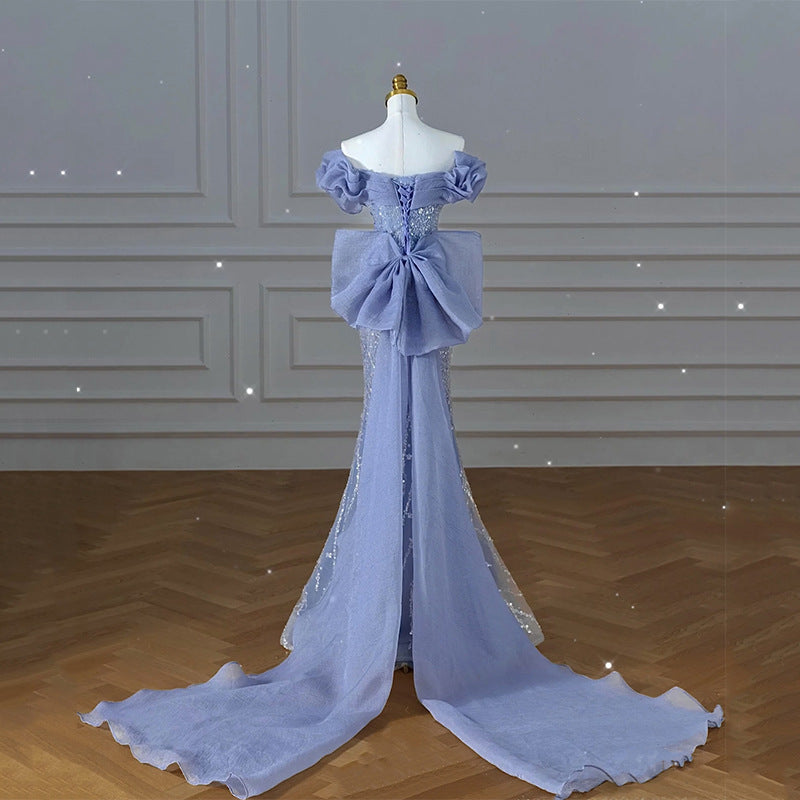 Blue Beaded Mermaid Prom Dress Off  Shoulder Sparkly Long Evening Dress 55