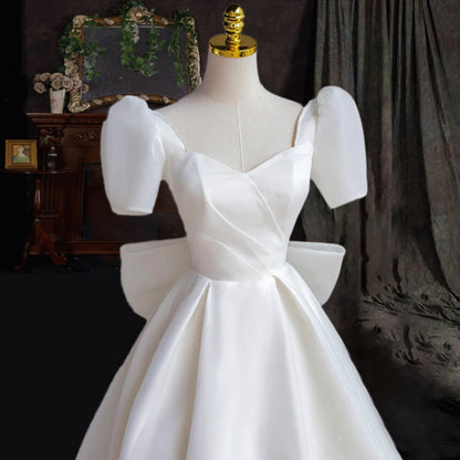 White Satin Wedding Dress Short Sleeves Long Prom Dress 57