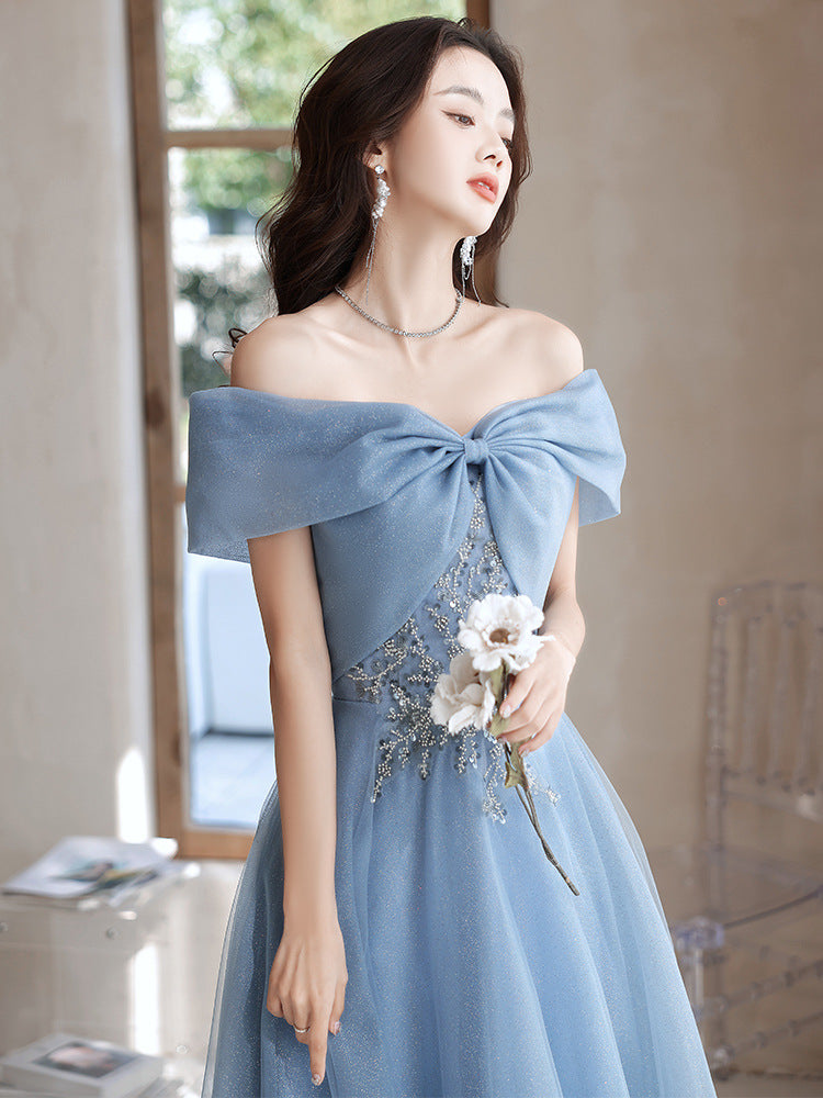Elegant A-line Off the Shoulder Chiffon Long Prom Dresses Blue Formal –  Musebridals