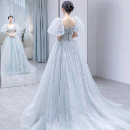 Princess Tulle Dress Blue Formal Party Dress Puff Sleeves Evening Dress 116