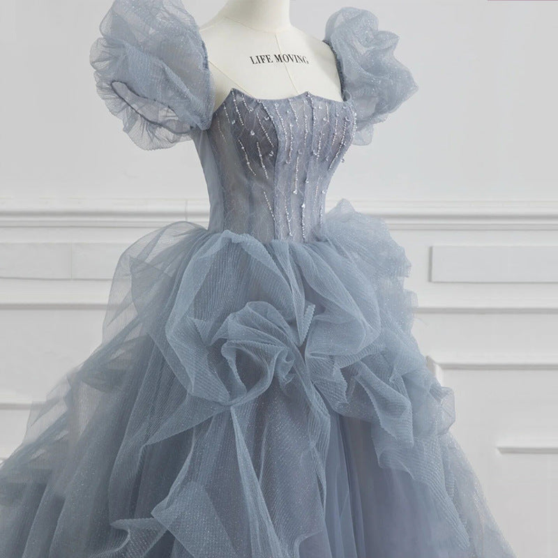 Blue Tulle Princess Ball Gown Puff Sleeves Sweet Evening Dress  92