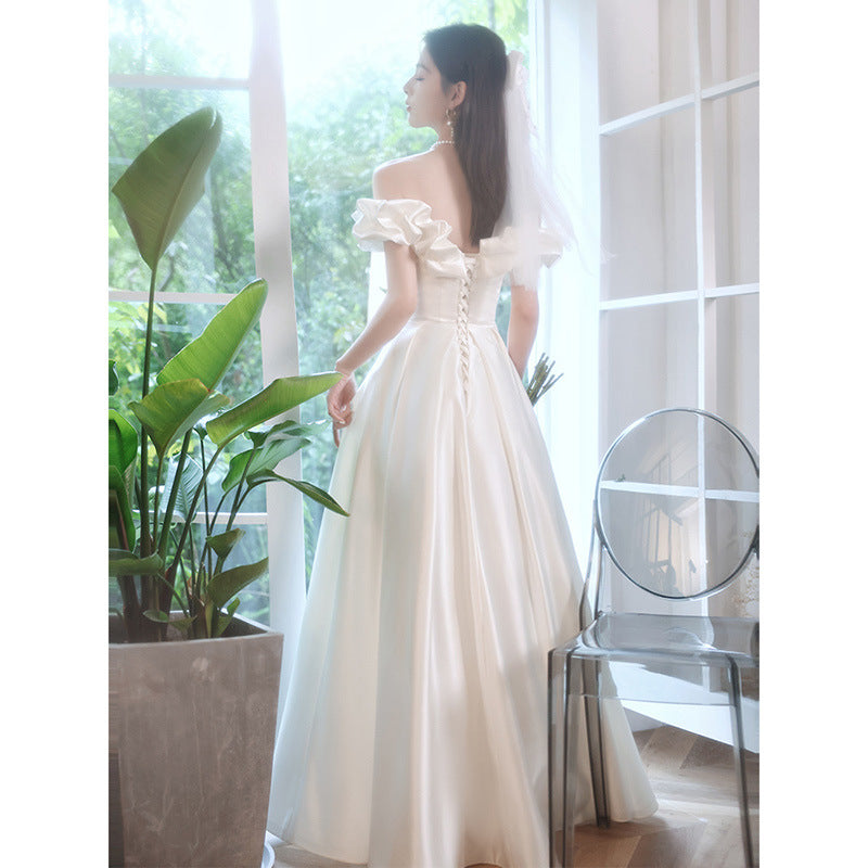 Off  Shoulder Satin White Wedding Dress A Line Prom Dress 97