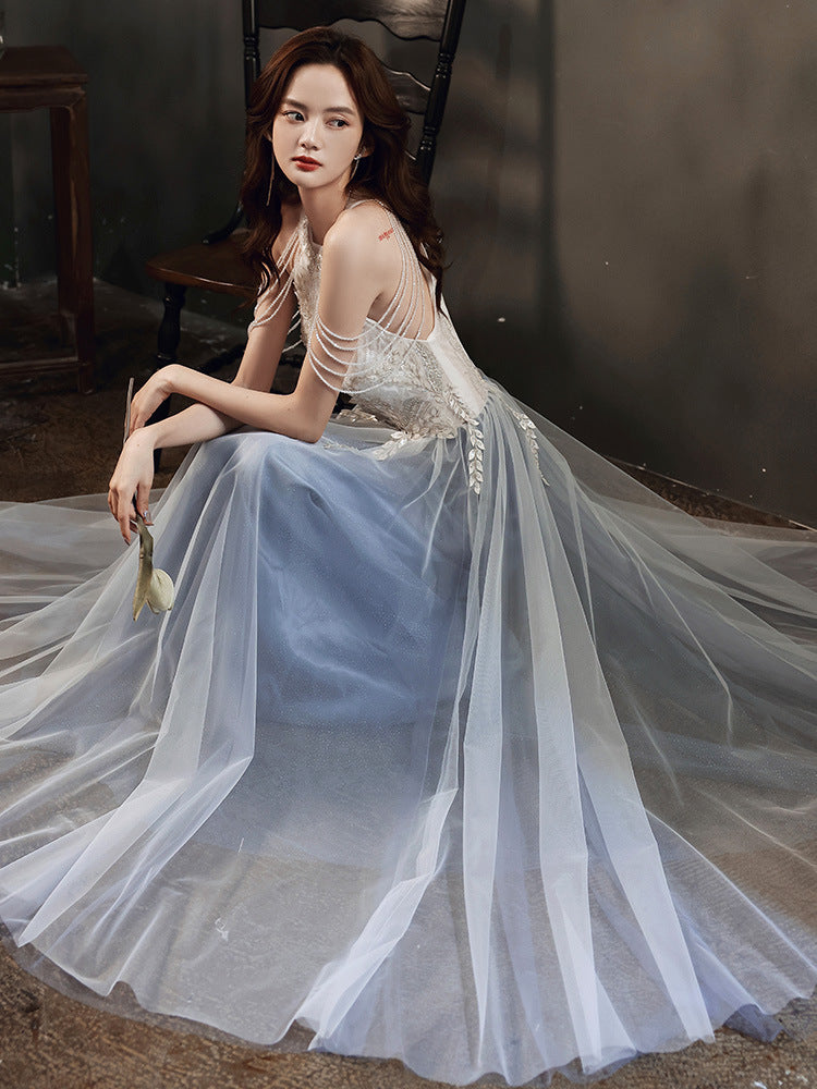 Tassel A Line Gray Blue Long Prom Dress Sequins Formal Evening Gown 121