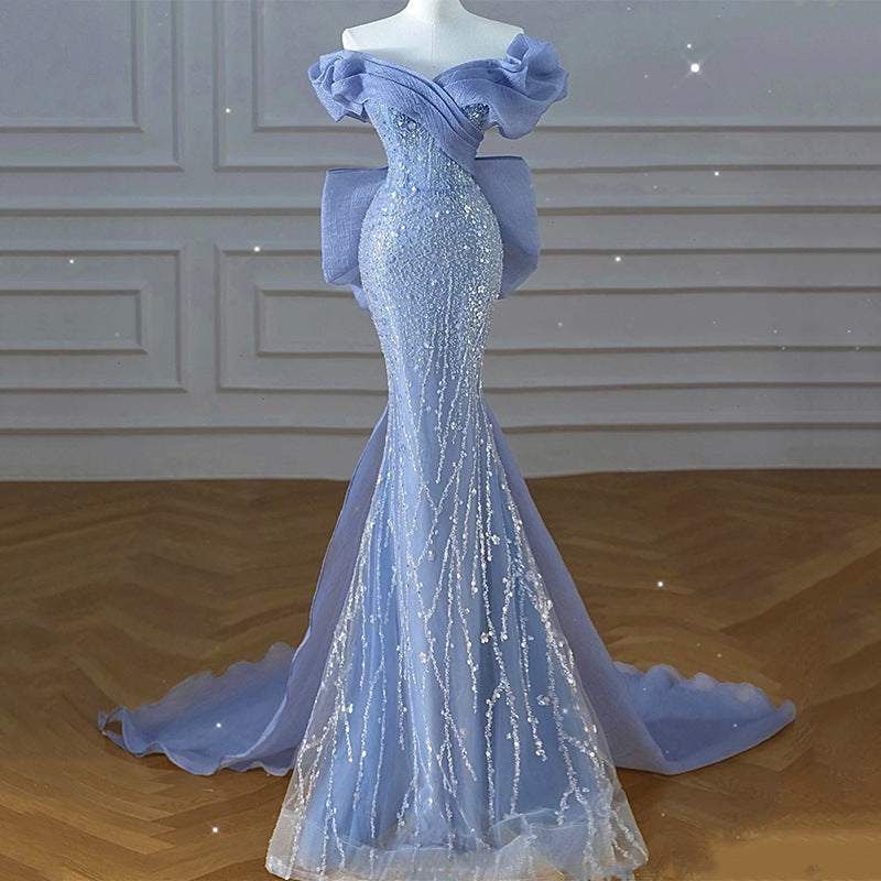 Blue Beaded Mermaid Prom Dress Off  Shoulder Sparkly Long Evening Dress 55