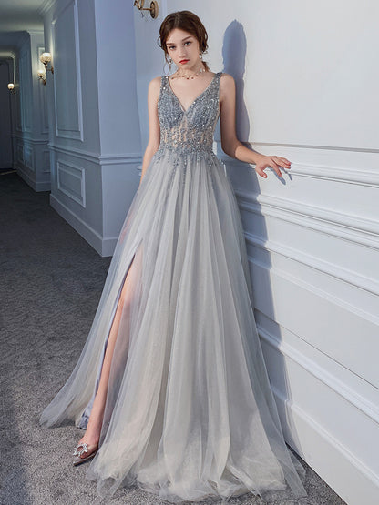 Silver Gray Long Sequins Prom Dress with Slit V Neck Tulle Evening Dress 32