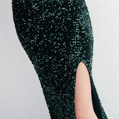 Blue Sequins Spaghetti Strap Long Prom Dress Mermaid Evening Dress with Slit 259