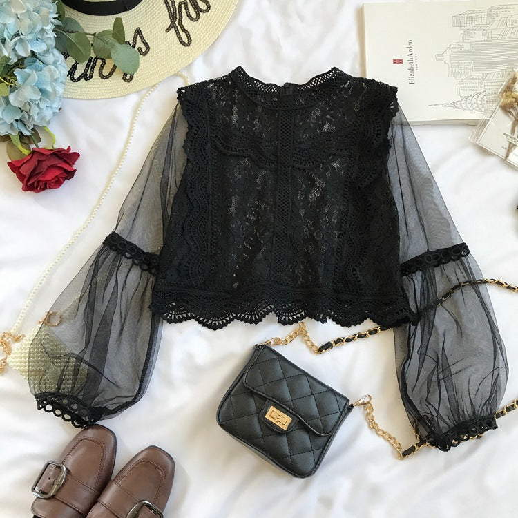 Women Lace Cropped Long Sleeves Top Black 7