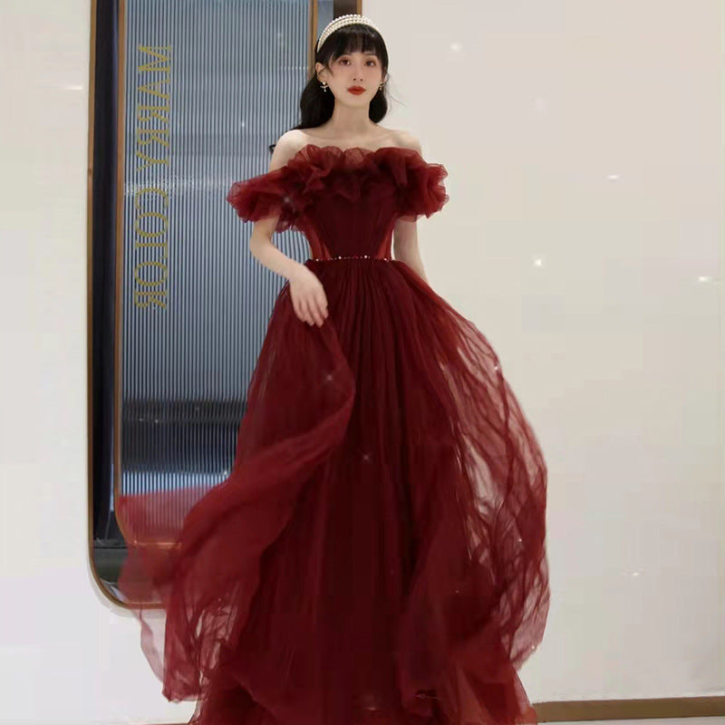 Burgundy One Shoulder Long Prom Dress Tulle Evening Dress 10