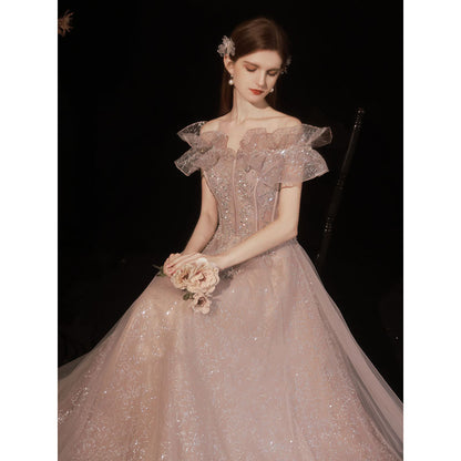 Pink Off Shoulder Tulle Sequins Prom Dress Long Fairy Evening Dress 8