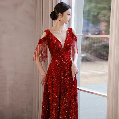 Burgundy Sequins Long Prom Dress Tassel Evening Dress 19