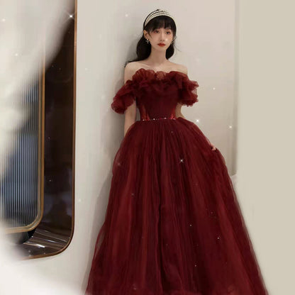 Burgundy One Shoulder Long Prom Dress Tulle Evening Dress 10