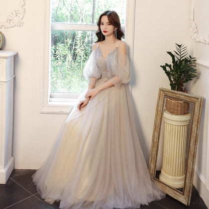 Gray Tulle Prom Dress Long Sleeves Evening Dress 17