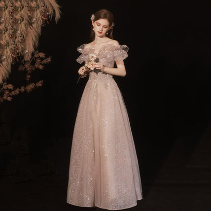 Pink Off Shoulder Tulle Sequins Prom Dress Long Fairy Evening Dress 8