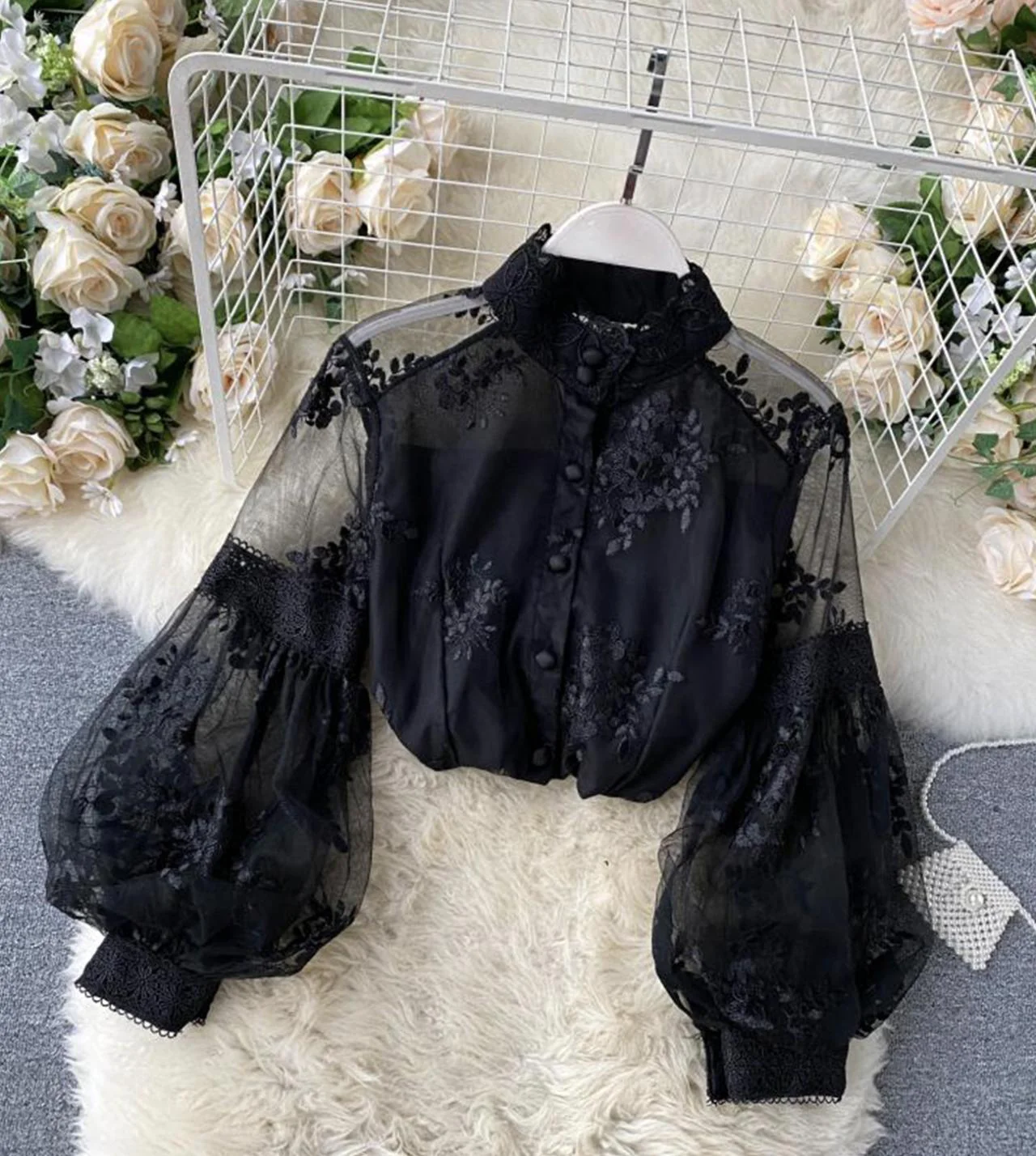 Women Lace Cropped Long Sleeves Top Elegant Lace Flower Embroidery Blouse 12